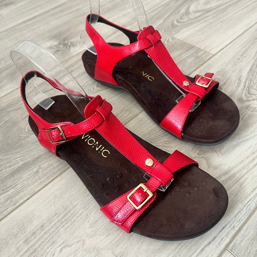 Vionic Amber T-Strap Sandal Orthotic Red Size 9 Adjustable Buckle Straps